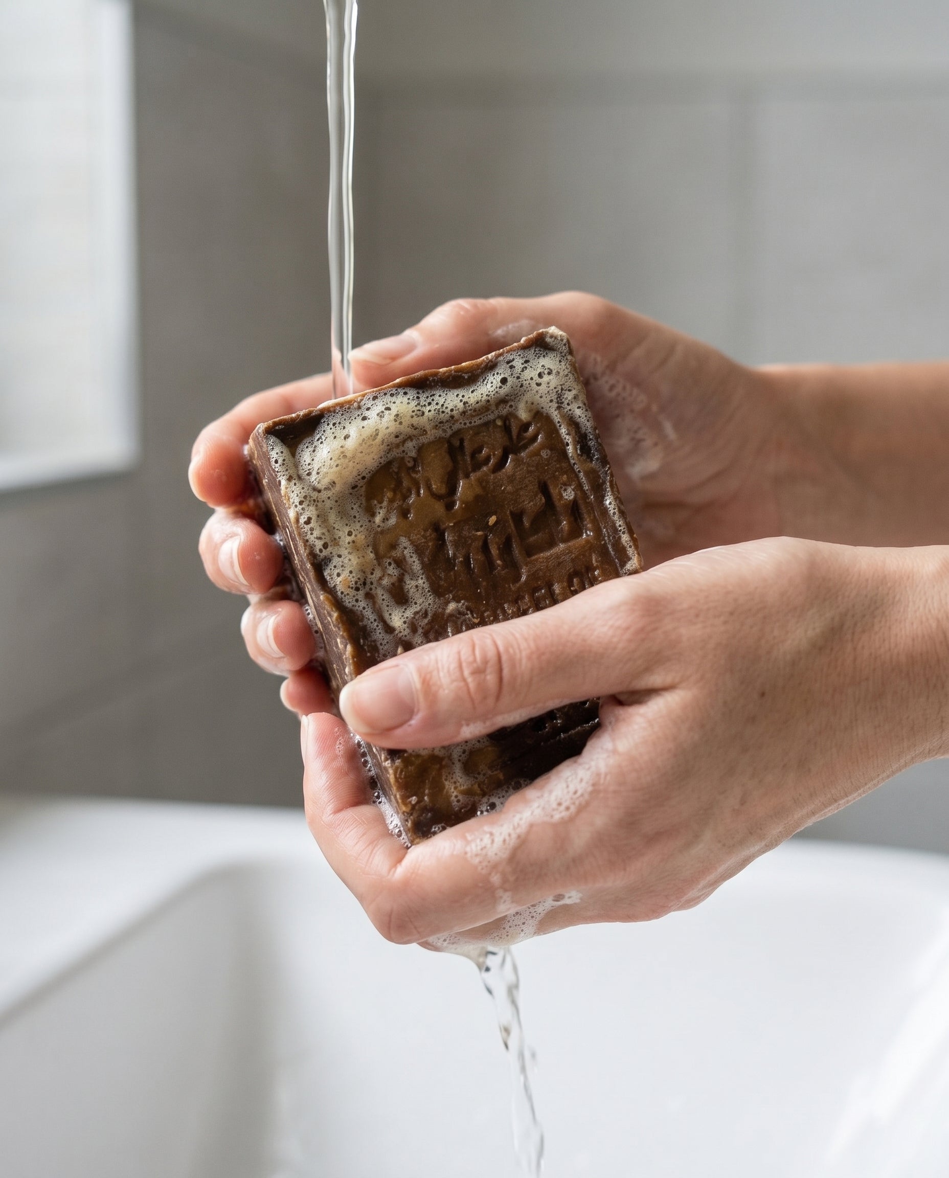 Woman's hands lathering Avlia 60% Laurel Oil Aleppo Soap bar under running water, creamy natural lather from olive oil and laurel berry oil handmade soap