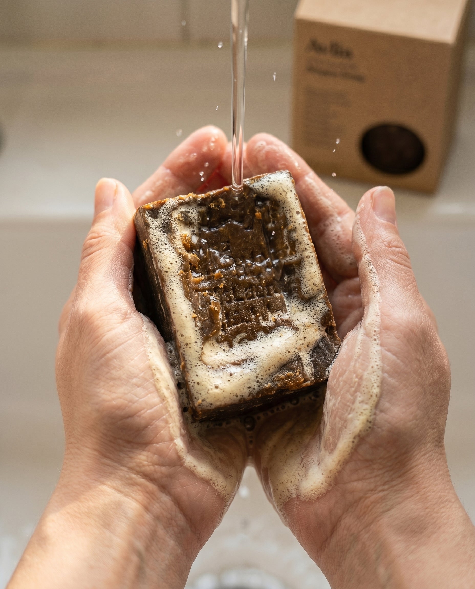 Woman's hands lathering Avlia 75% Laurel Oil Aleppo Soap bar under running water, creamy natural lather from olive oil and laurel berry oil handmade soap