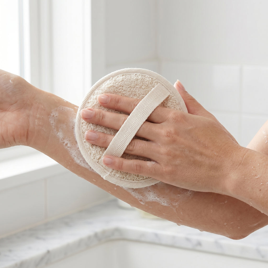 Woman exfoliating forearm with round natural loofah pad and lather, gentle body scrub in modern bathroom