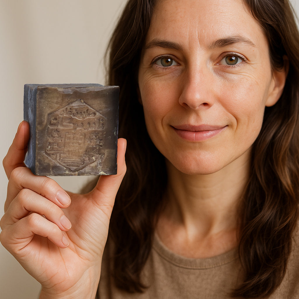 Woman hold Avlia Aleppo Soap with 30% Laurel Oil