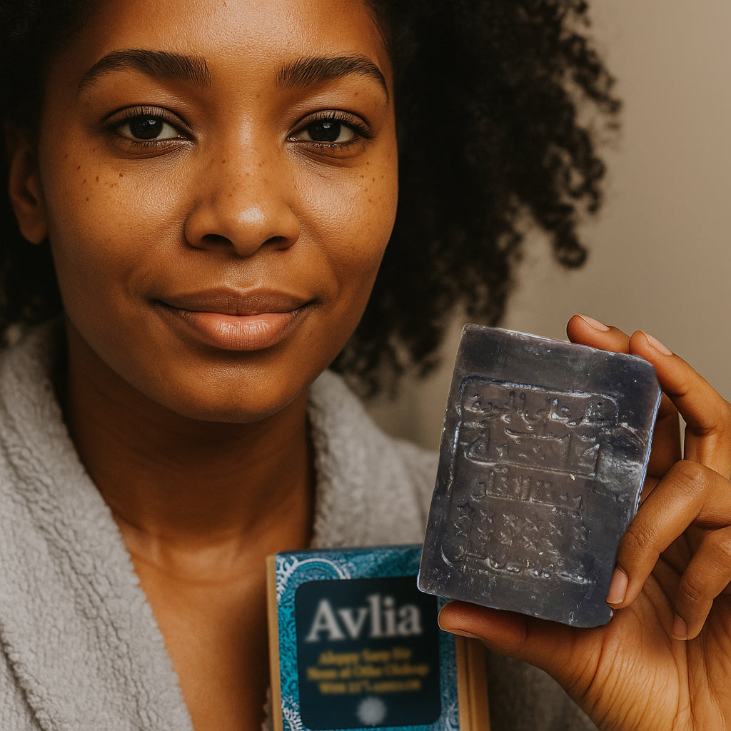 Woman holding 50% laurel oil handmade Aleppo soap by Avlia
