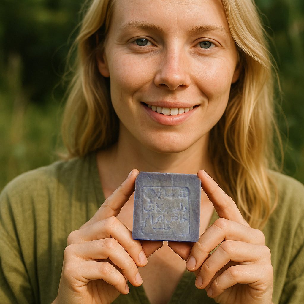 Woman holding Artisan soap block 5% laurel oil