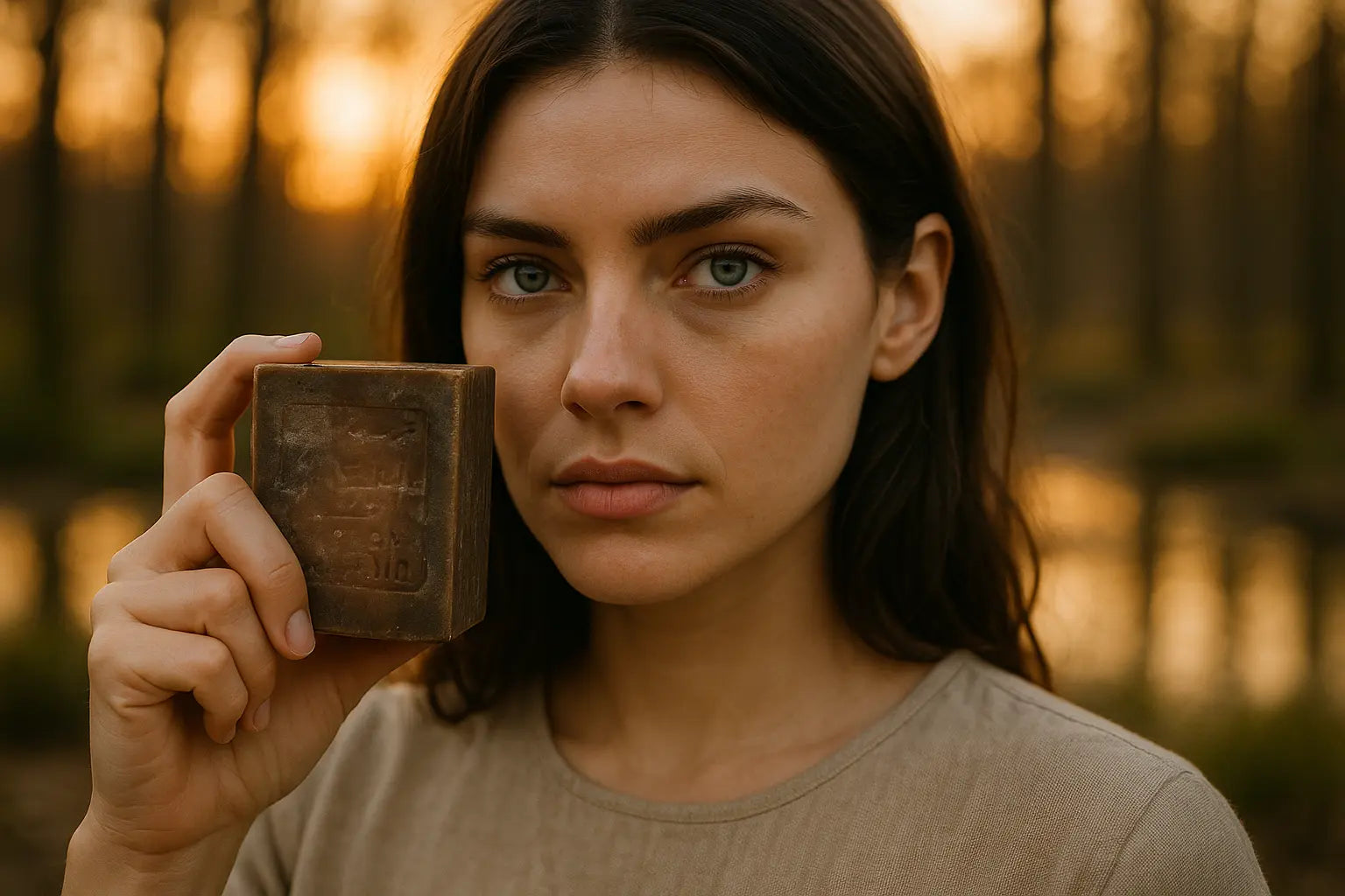 Woman holding Avlia Aleppo Soap bar – natural skincare for sensitive skin
