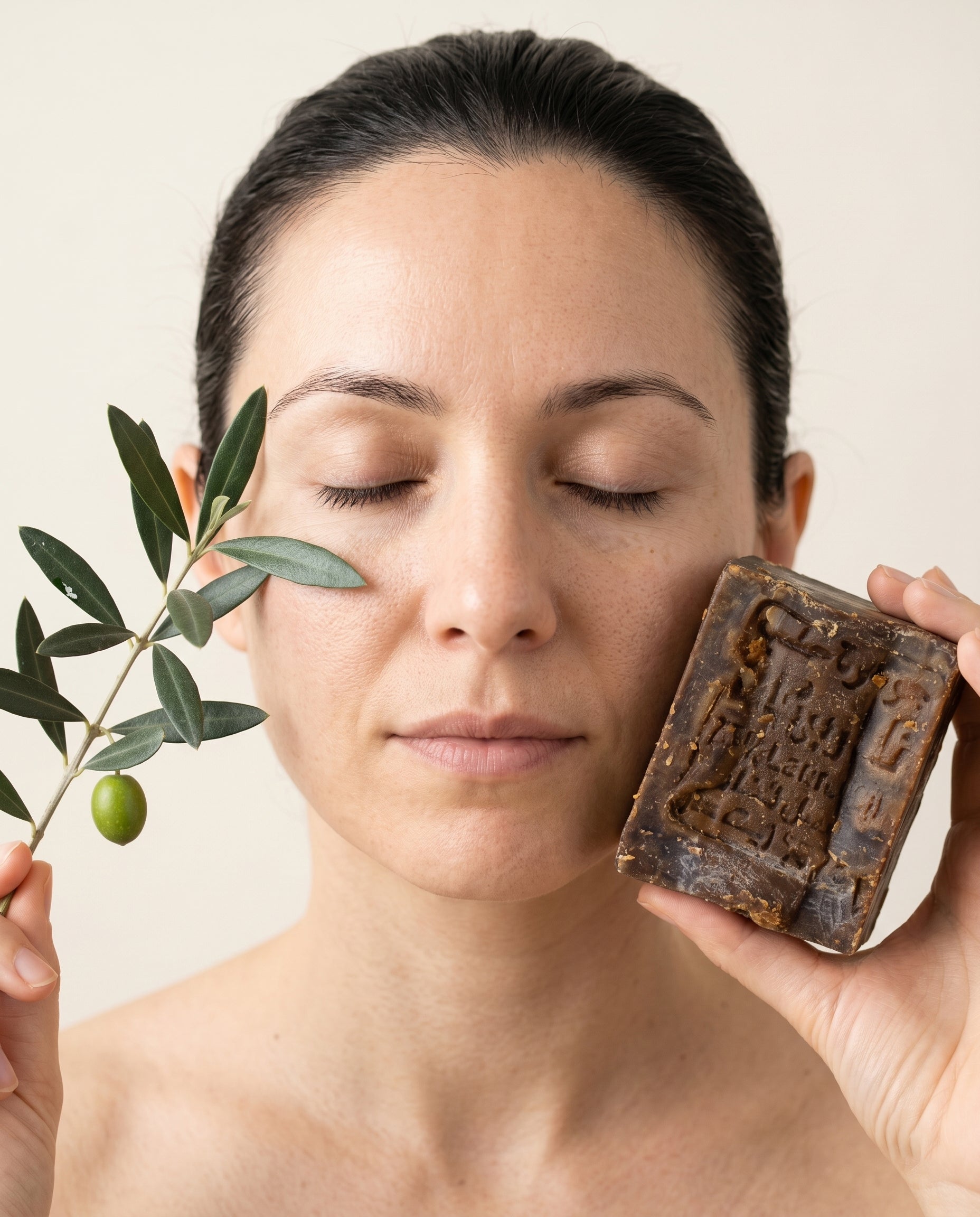Woman holding Avlia Aleppo Soap bar to cheekbone with fresh olive branch framing opposite side, dark brown handmade soap with Arabic stamp, natural skin, clean beauty portrait