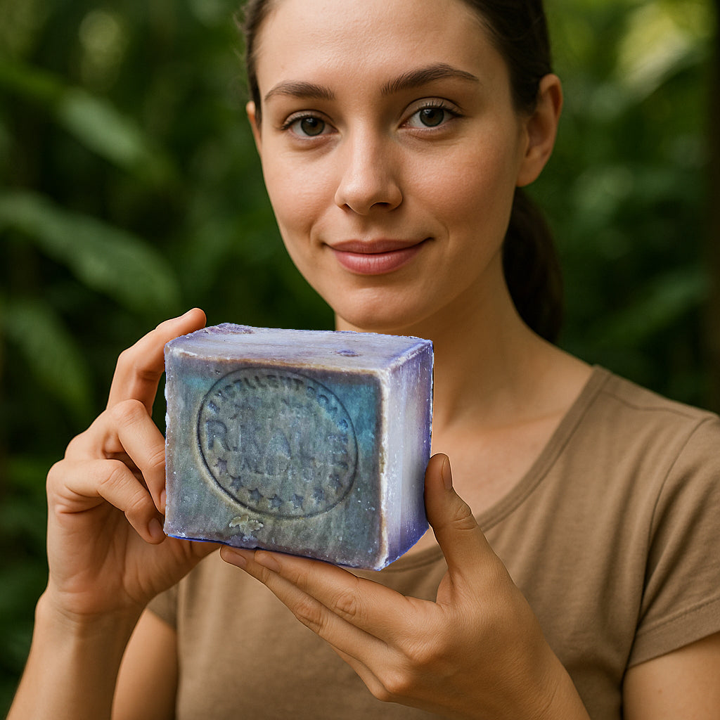 Woman holding Avlia amber and misk scented Aleppo soap bar