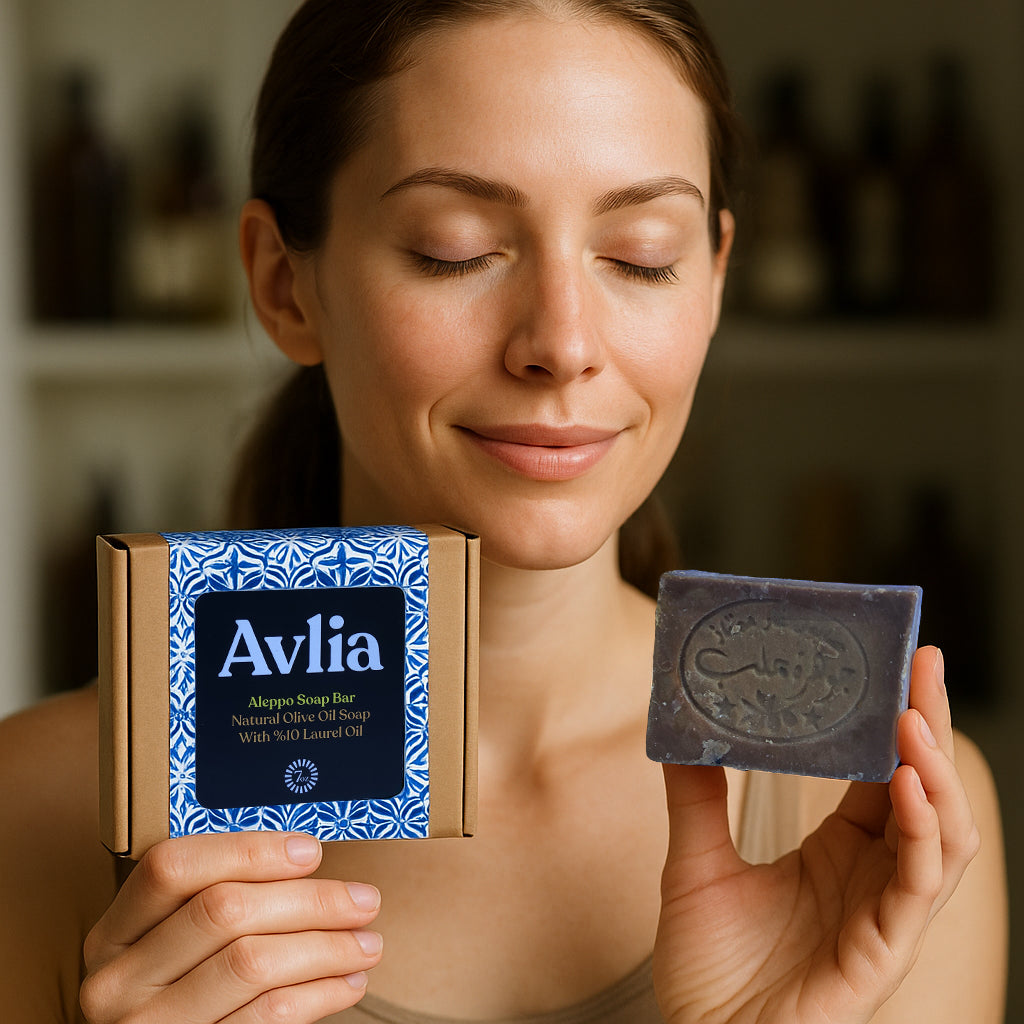 Woman holding Avlia olive oil soap with closed eyes