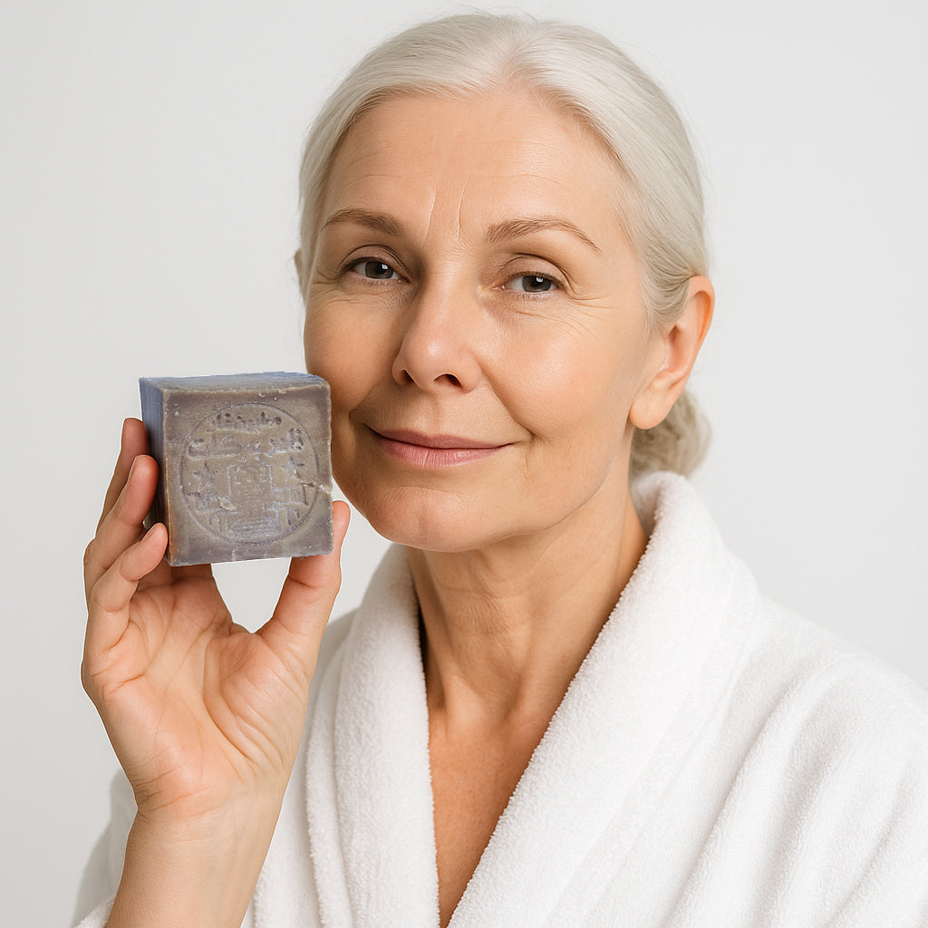 Woman holding skin-friendly unscented laurel oil soap