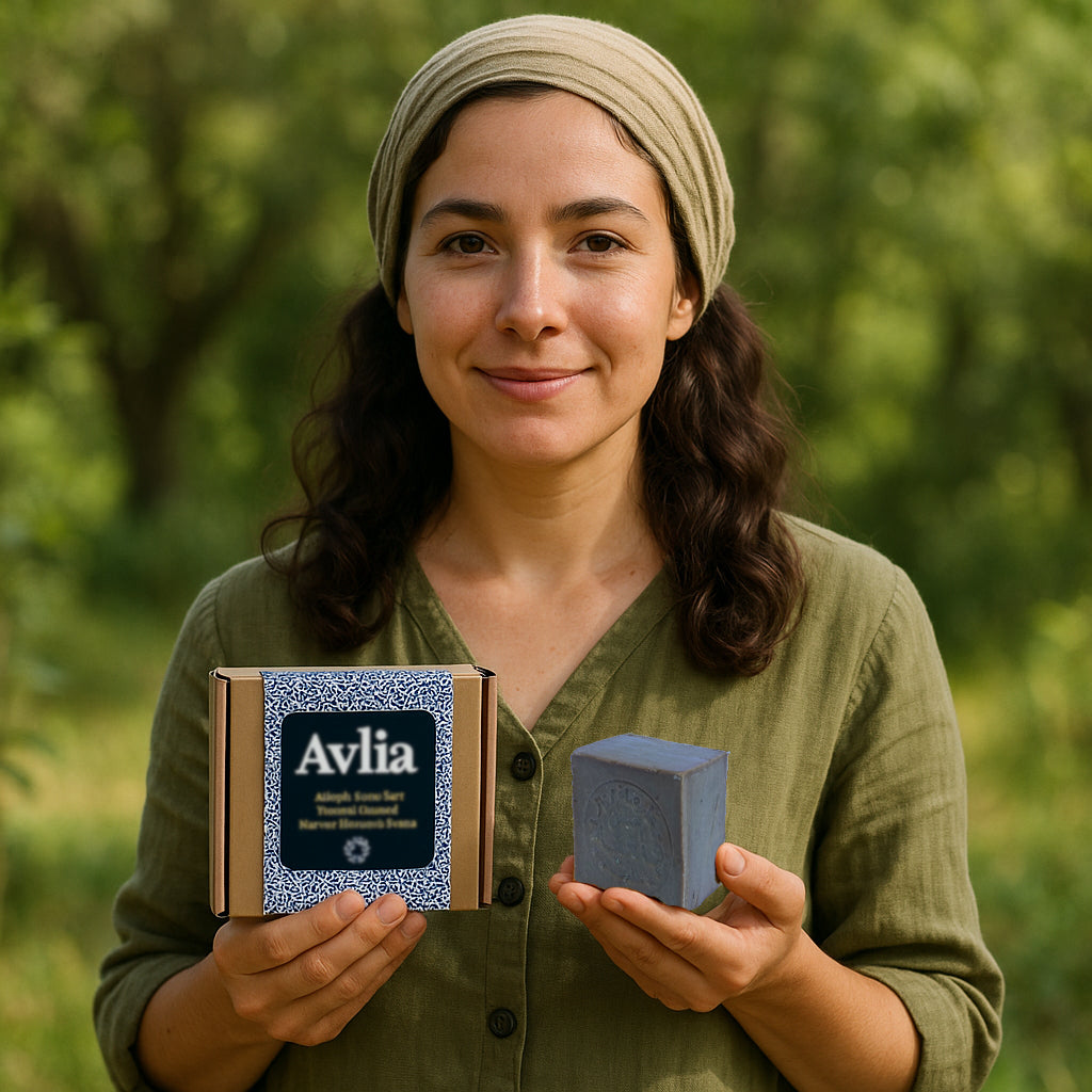 Woman holding a box and a bar of soap with 'Avlia' branding outdoors.