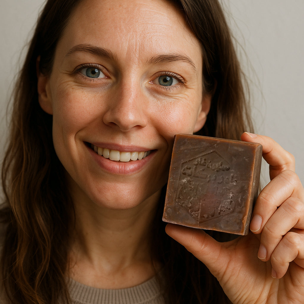 Woman holds sustainable skincare Aleppo Soap with natural oils
