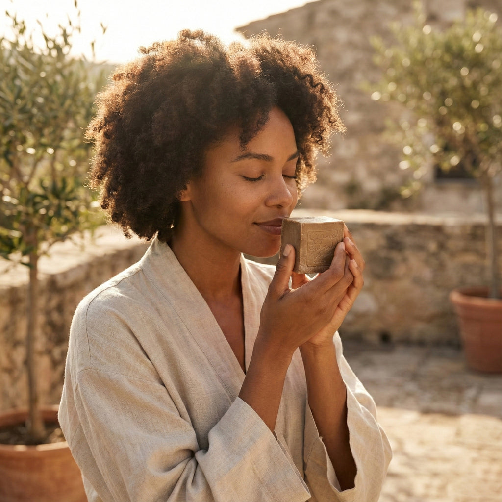 Woman in a linen robe smelling a bar of soap on a sunlit stone patio with olive trees