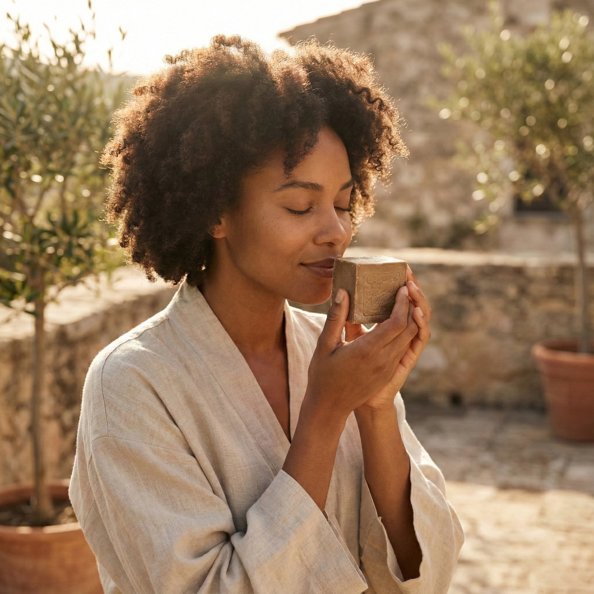 Woman in a linen robe smelling a bar of soap on a sunlit stone patio with olive trees