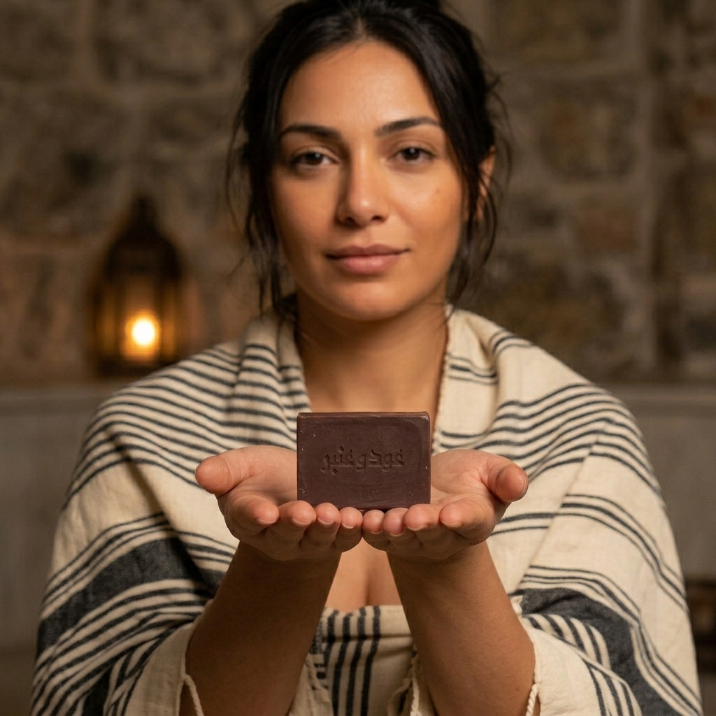 Woman in a peshtemal towel presenting Avlia Oud & Anbar soap with Arabic stamp in a warm spa setting — luxury oriental bath experience