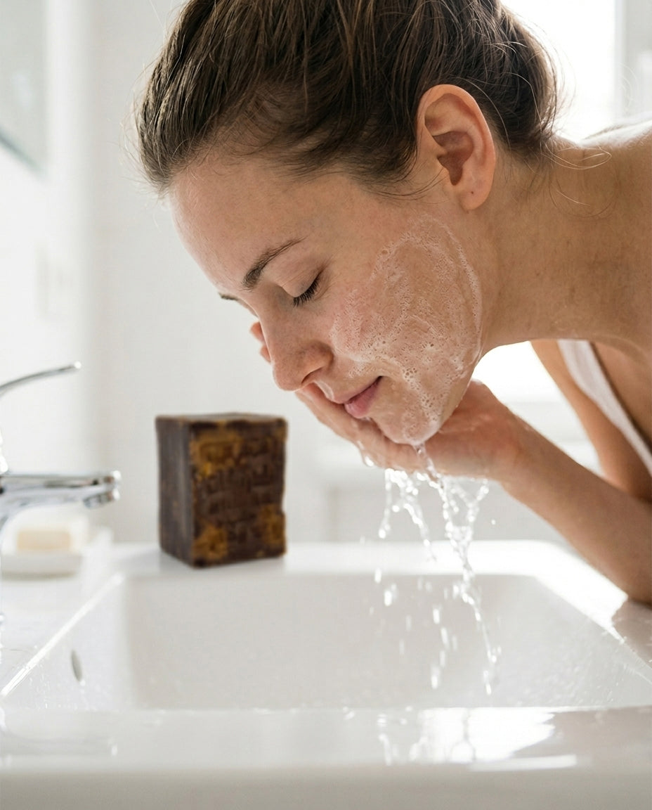 Woman rinsing face with Avlia 60% Laurel Oil Aleppo Soap lather at bathroom sink, gentle fragrance-free natural bar soap for face and body, clean beauty morning ritual