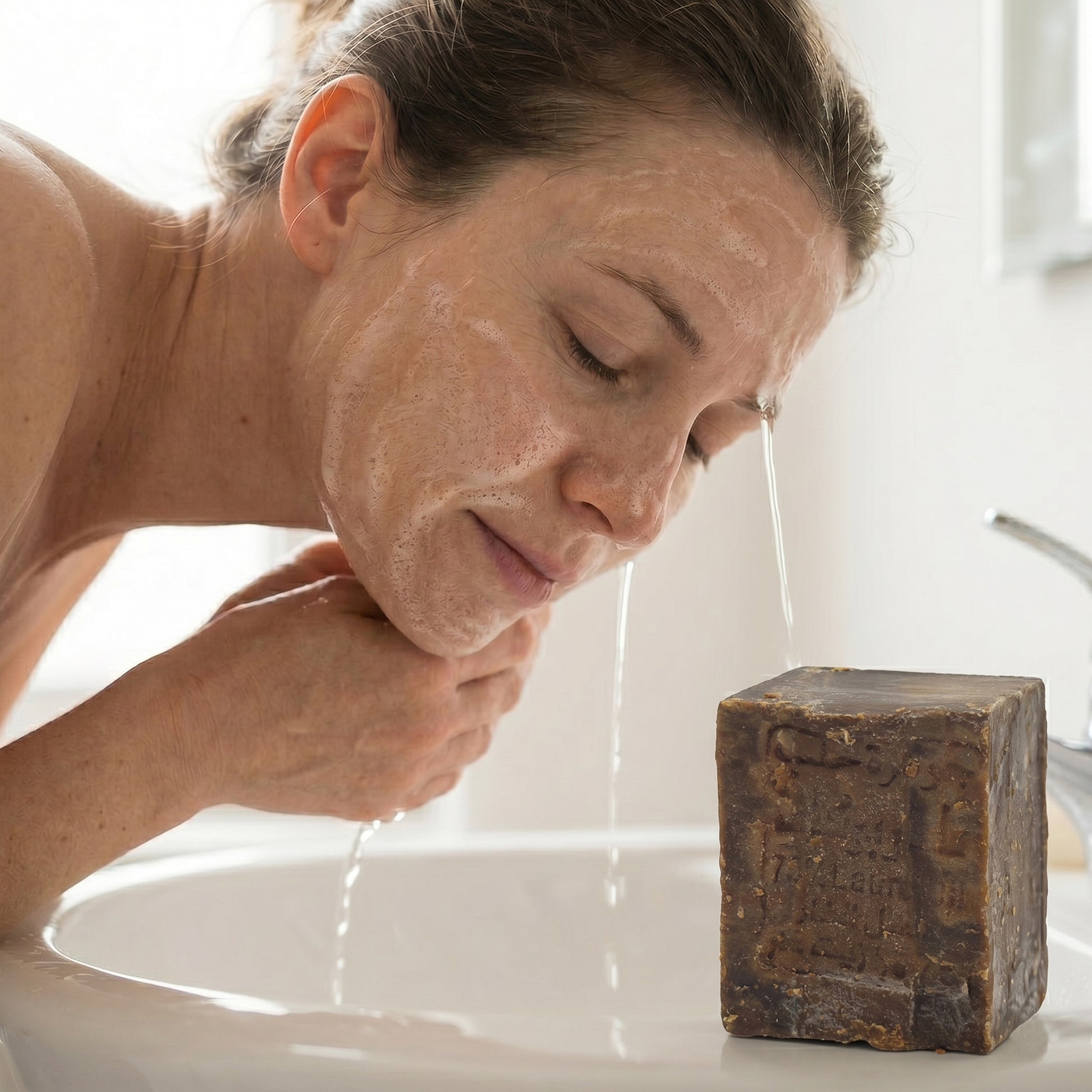 Woman rinsing face with Avlia Aleppo Soap lather at bathroom sink, gentle fragrance-free natural bar soap for face and body, clean beauty morning ritual
